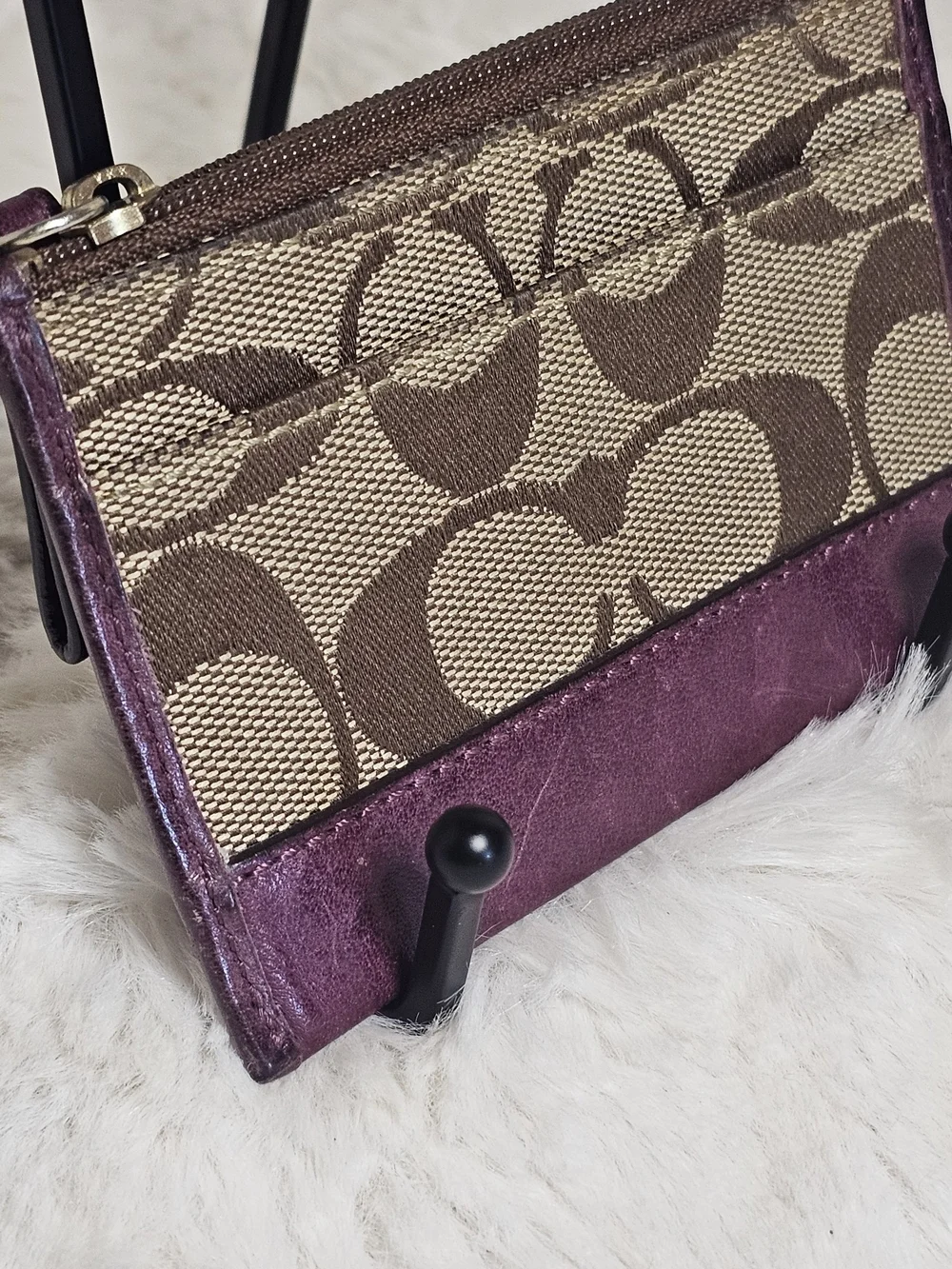 Coach Signature Canvas Key Pouch with Plum Leather Trim and Gold Hardware